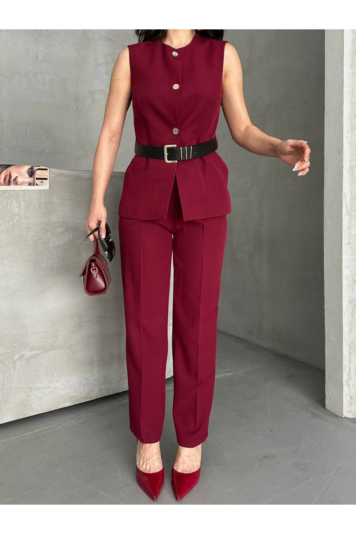 buqre's moda Kadın Alt Üst Takım Şık Düğme Kemer Detaylı Yelek Pantolon İkili Takım