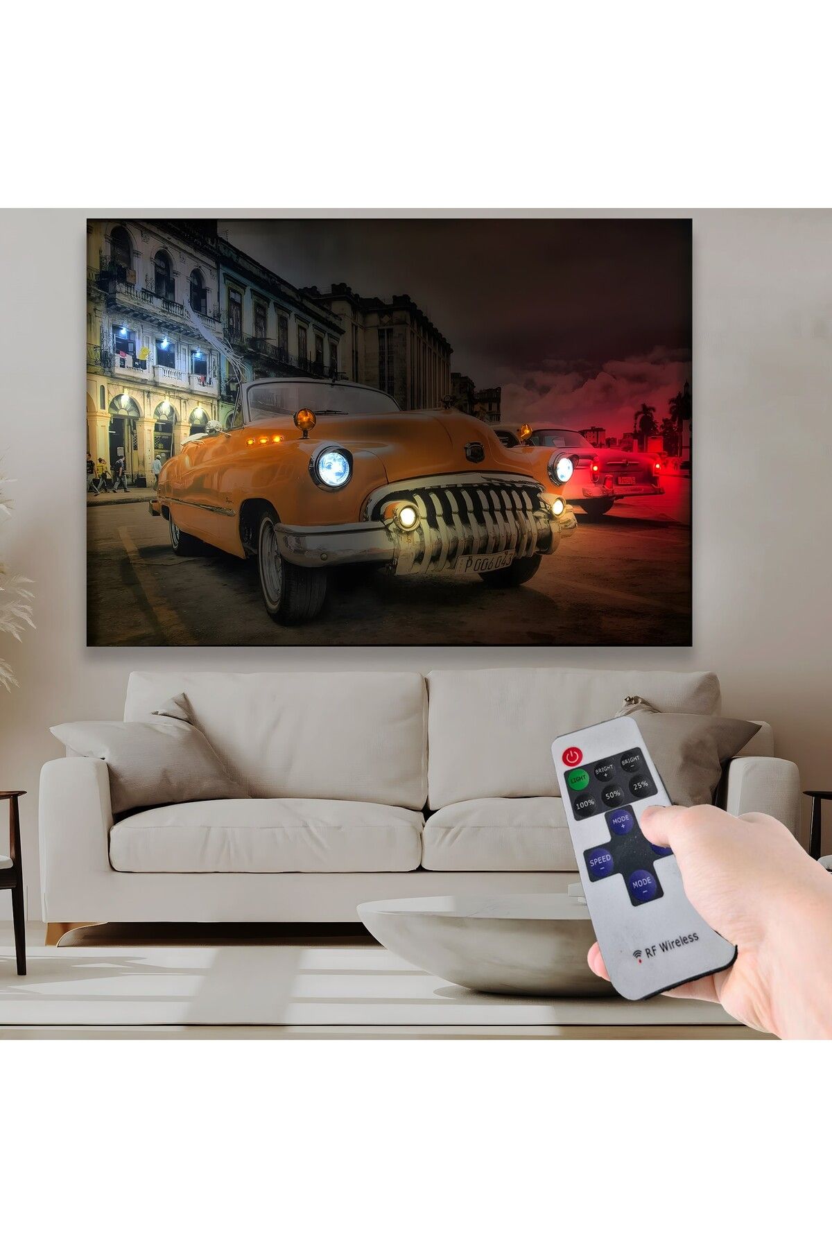 EMYA HOME Led Işıklı Uzaktan Kumandalı Klasik Araba Kanvas Tablo