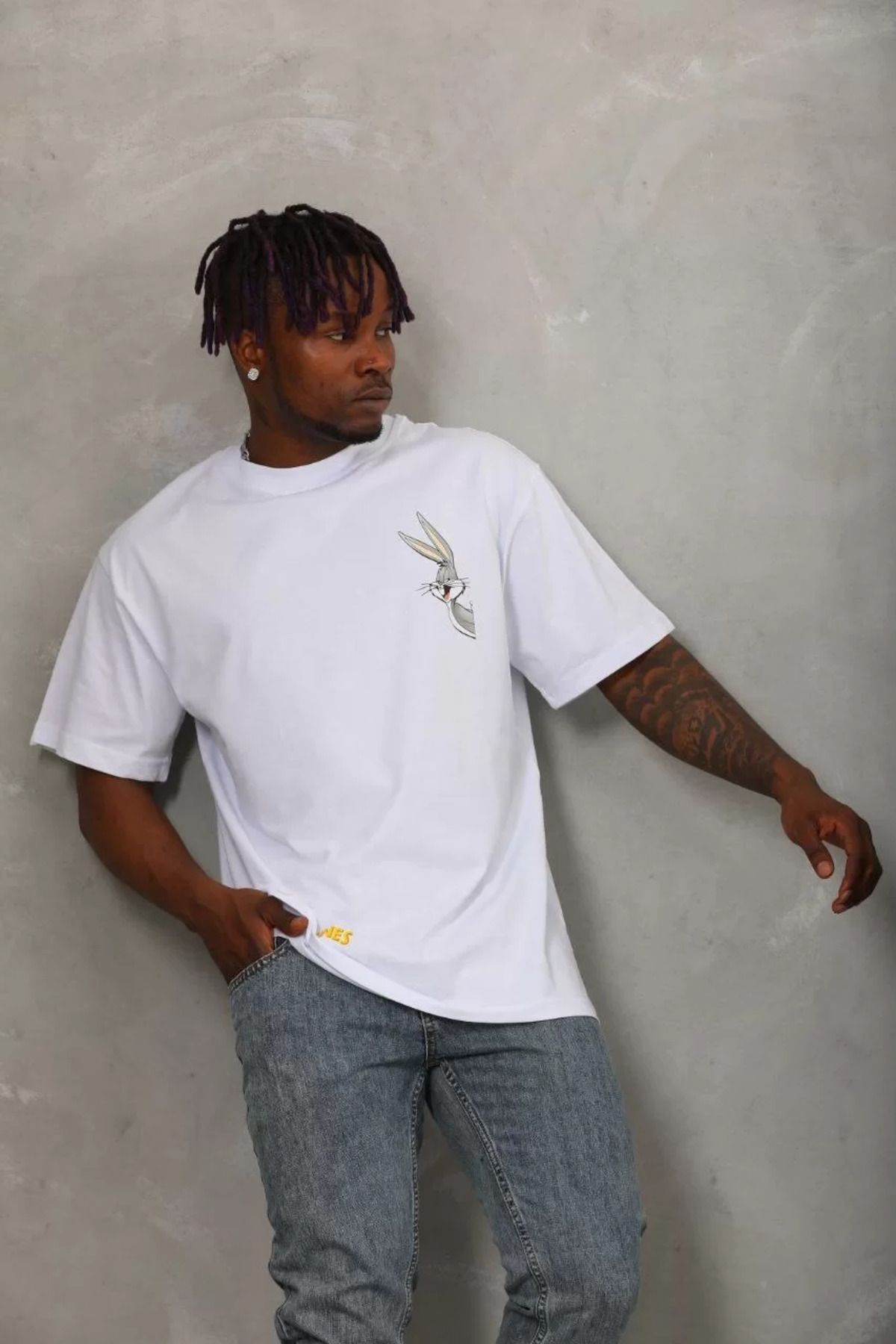 FantaziAtölyesi Unisex Oversize Baskılı Bisiklet Yaka T-Shirt - Beyaz