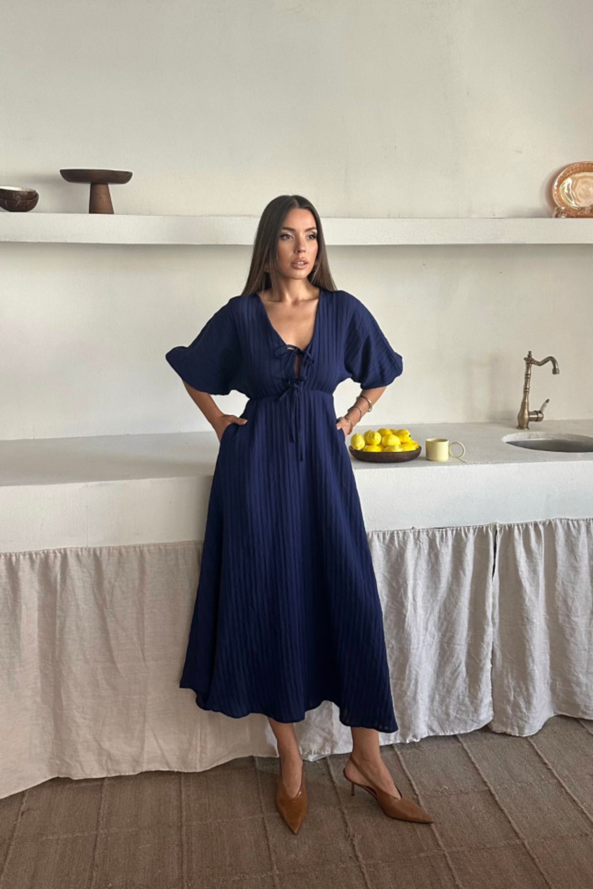 velmorafashion V YAKA DÖKÜMLÜ ELBİSE - Lacivert