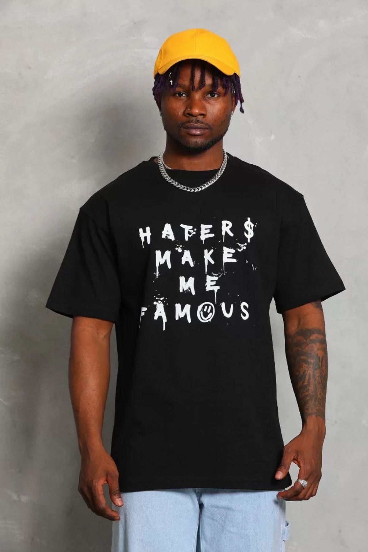 FantaziAtölyesi Unisex Oversize Baskılı Bisiklet Yaka T-Shirt - Siyah