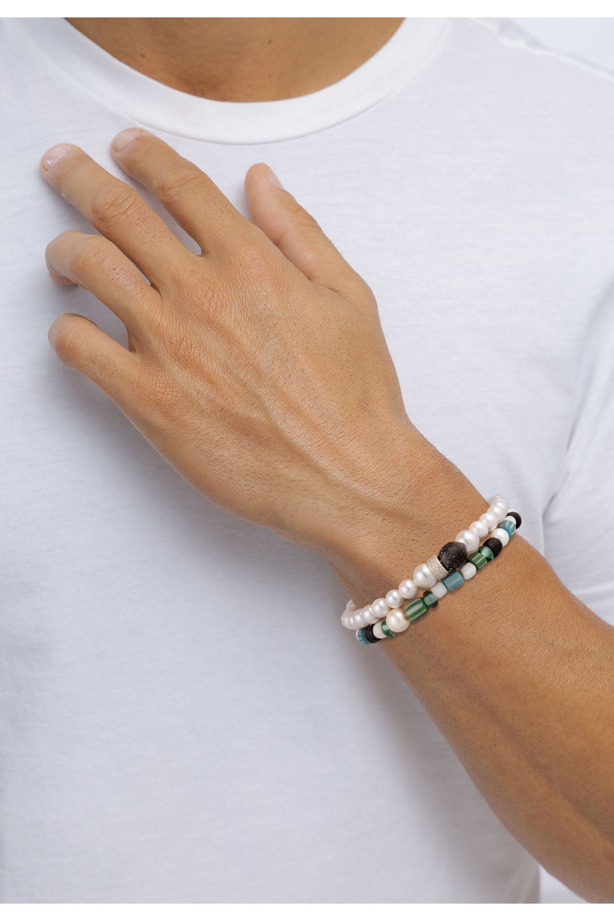 KUZZOI-Bracelet Bracelet Set Men Synthetic Pearl Shell Core Pearl White 925 Sterling Silver 19 cm 5
