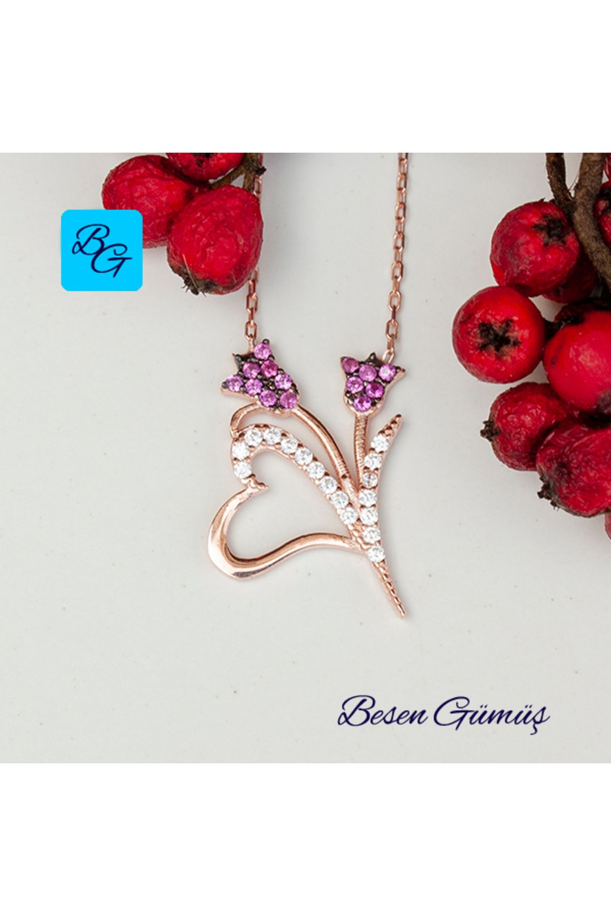 Besen Gümüş Rose Zirkon Taşlı Kalpli Lale Kolye