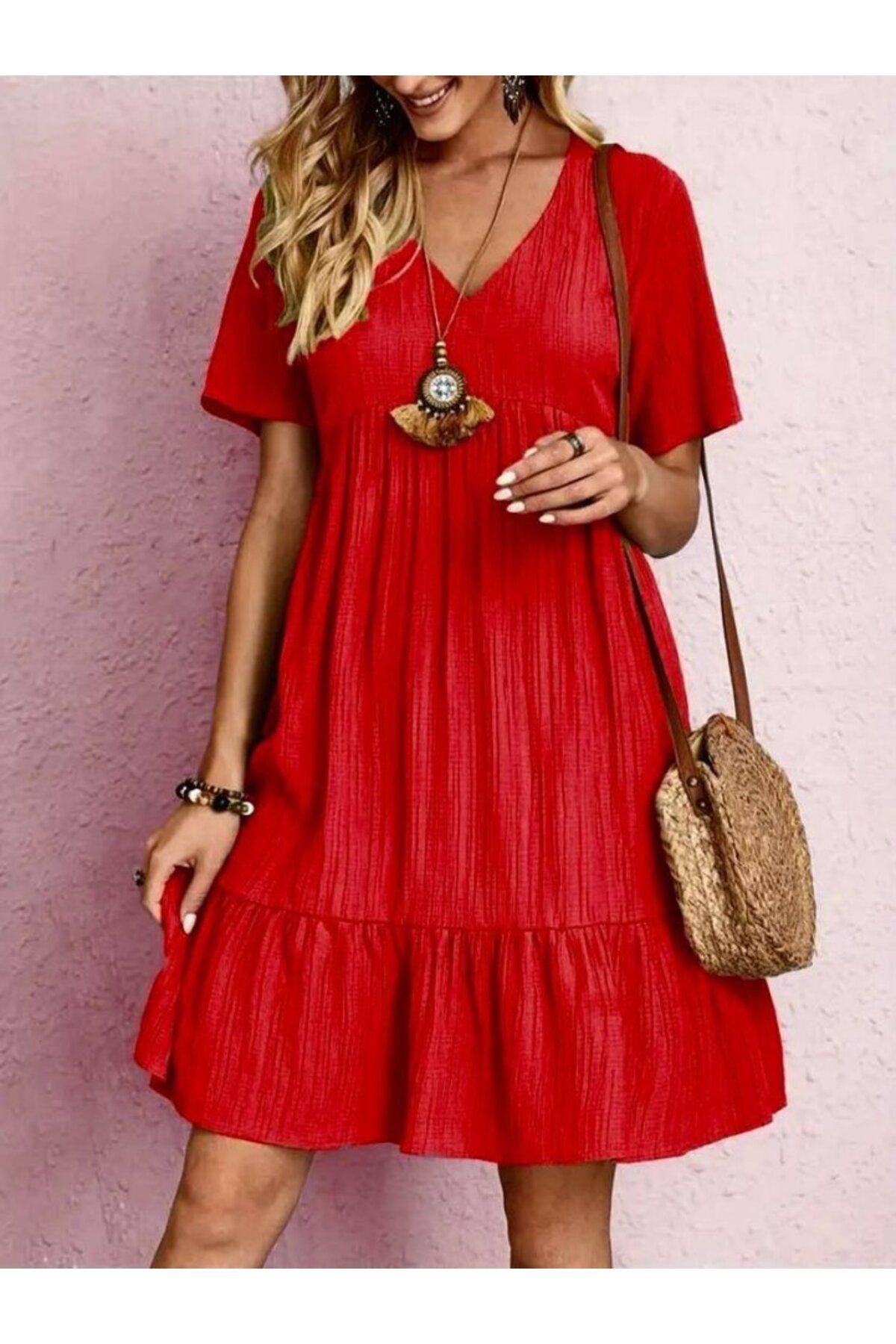 velmorafashion Kadın V Yaka, Fırfırlı Bürümcük Kumaş Elbise