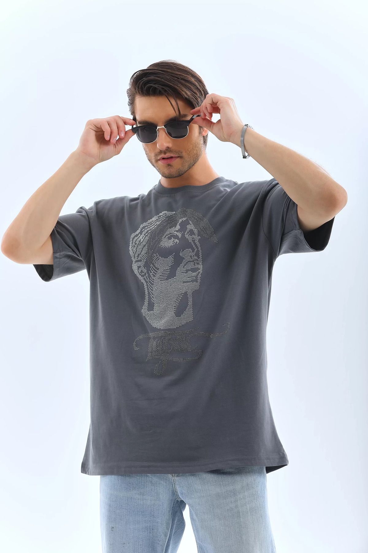 FantaziAtölyesi Unisex Oversize Taşlı Bisiklet Yaka T-Shirt - Füme