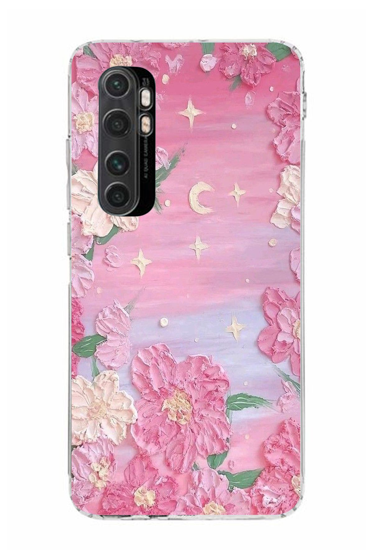 moonset Xiaomi Mi Note 10 Lite Uyumlu Pastel Çiçekler Tasarımlı Baskılı Şeffaf Telefon Kılıfı