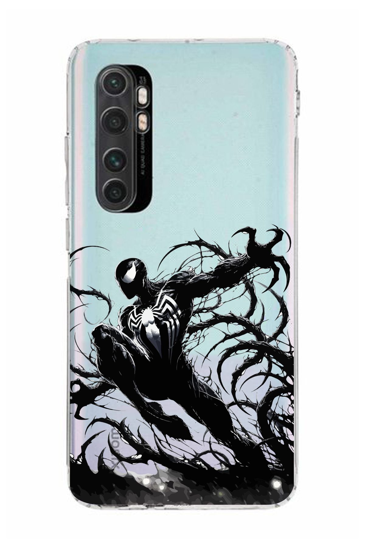 moonset Xiaomi Mi Note 10 Lite Uyumlu Siyah Örümcek Tasarımlı Baskılı Şeffaf Telefon Kılıfı