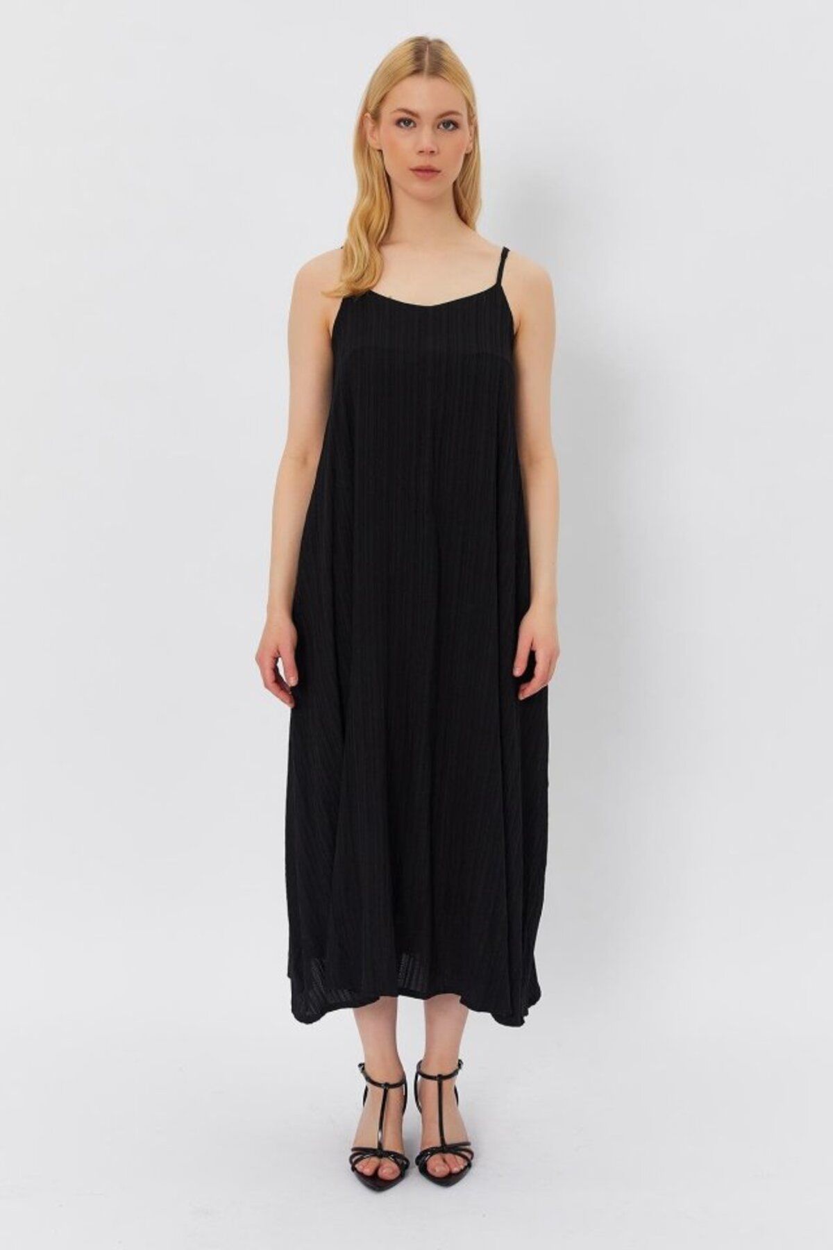 velmorafashion Askılı Uzun Çan Elbise - Siyah