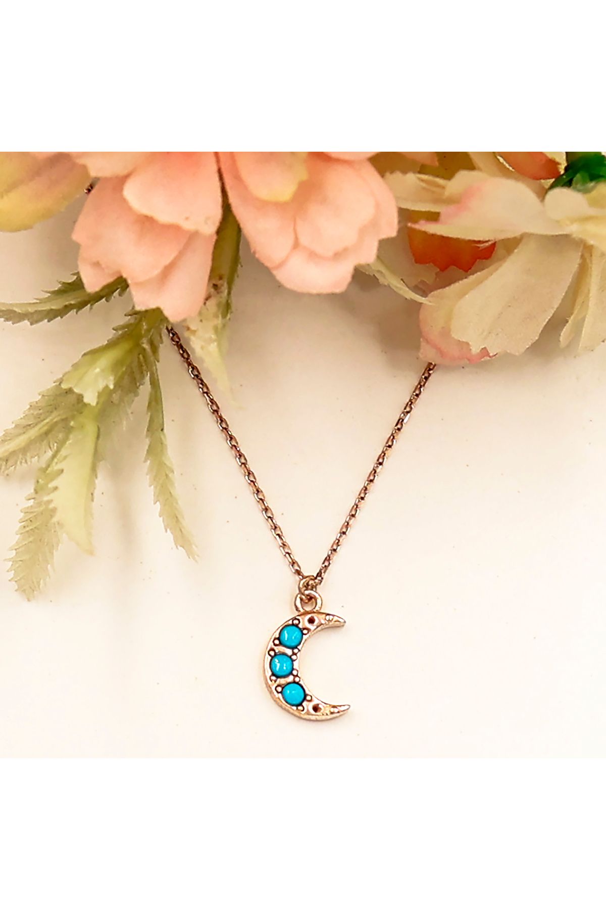 Besen Gümüş Rose Firuze Taşlı Küçük Ay Kolye