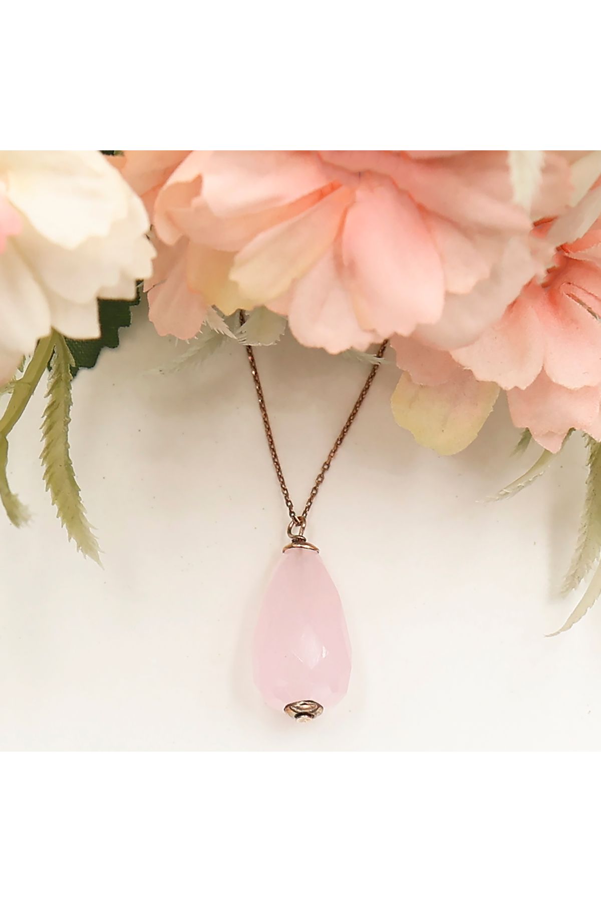 Besen Gümüş Rose Pembe Kuvars Taşlı Damla Kolye