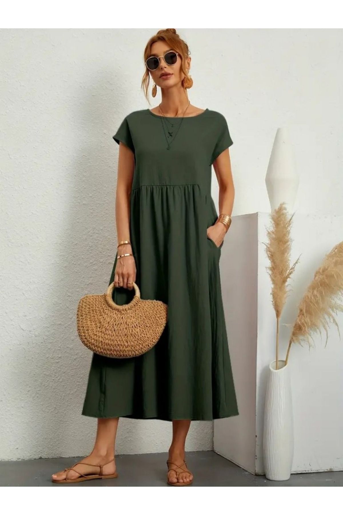 velmorafashion Kadın Kısa Kollu Bel Büzgü Detay Bürümcük Midi Boy Salaş Elbise