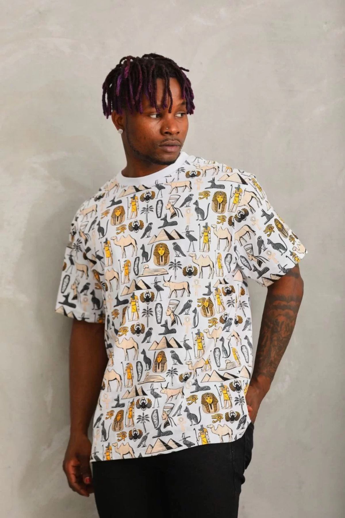 FantaziAtölyesi Unisex Oversize Baskılı Bisiklet Yaka T-Shirt - Beyaz
