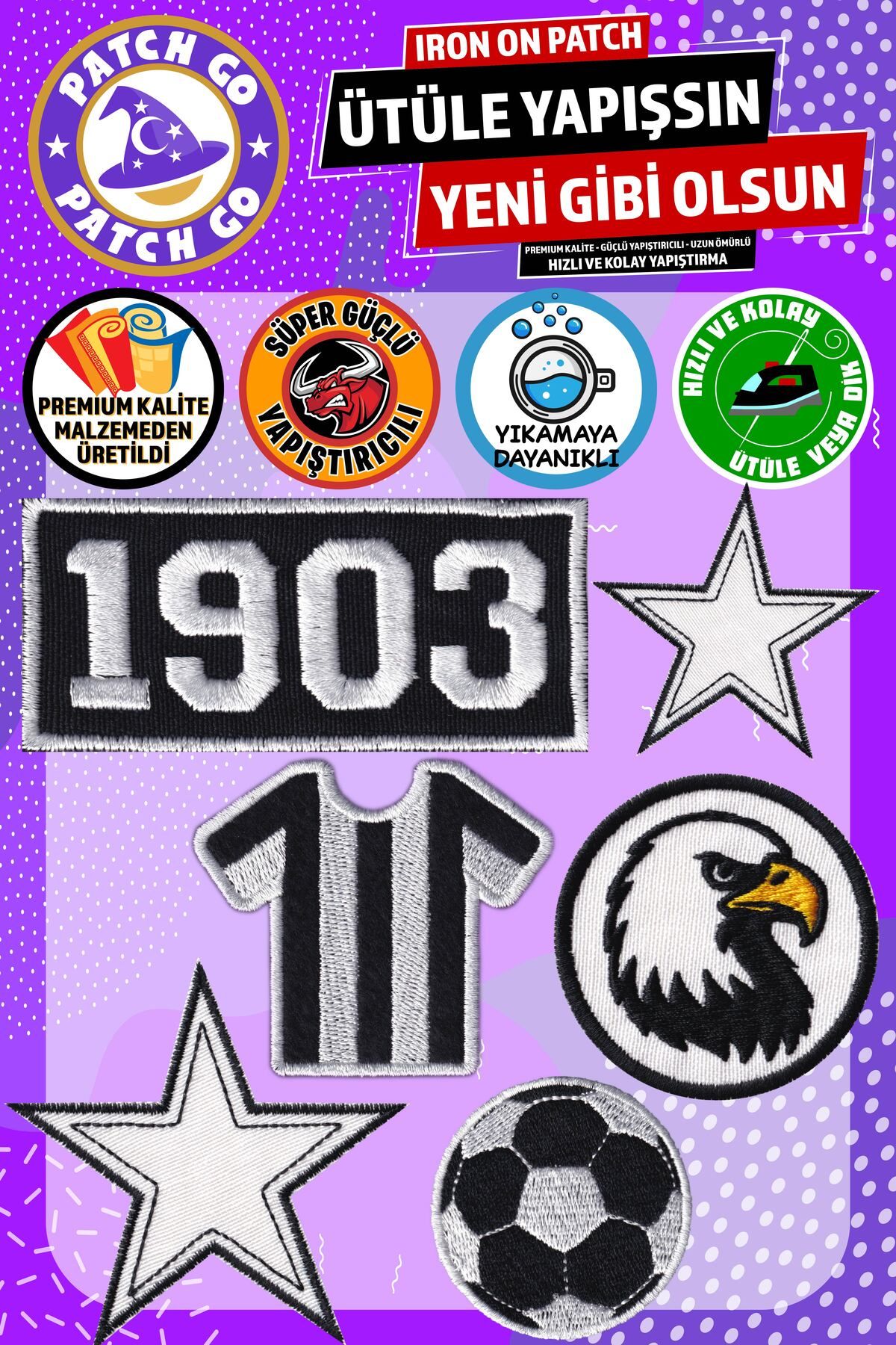 Patch Go Ütü ile Yapışan Arma, BJK Taraftar Set (6 Adet), Ütüyle Yapışan Nakış Dokuma Yama Patch