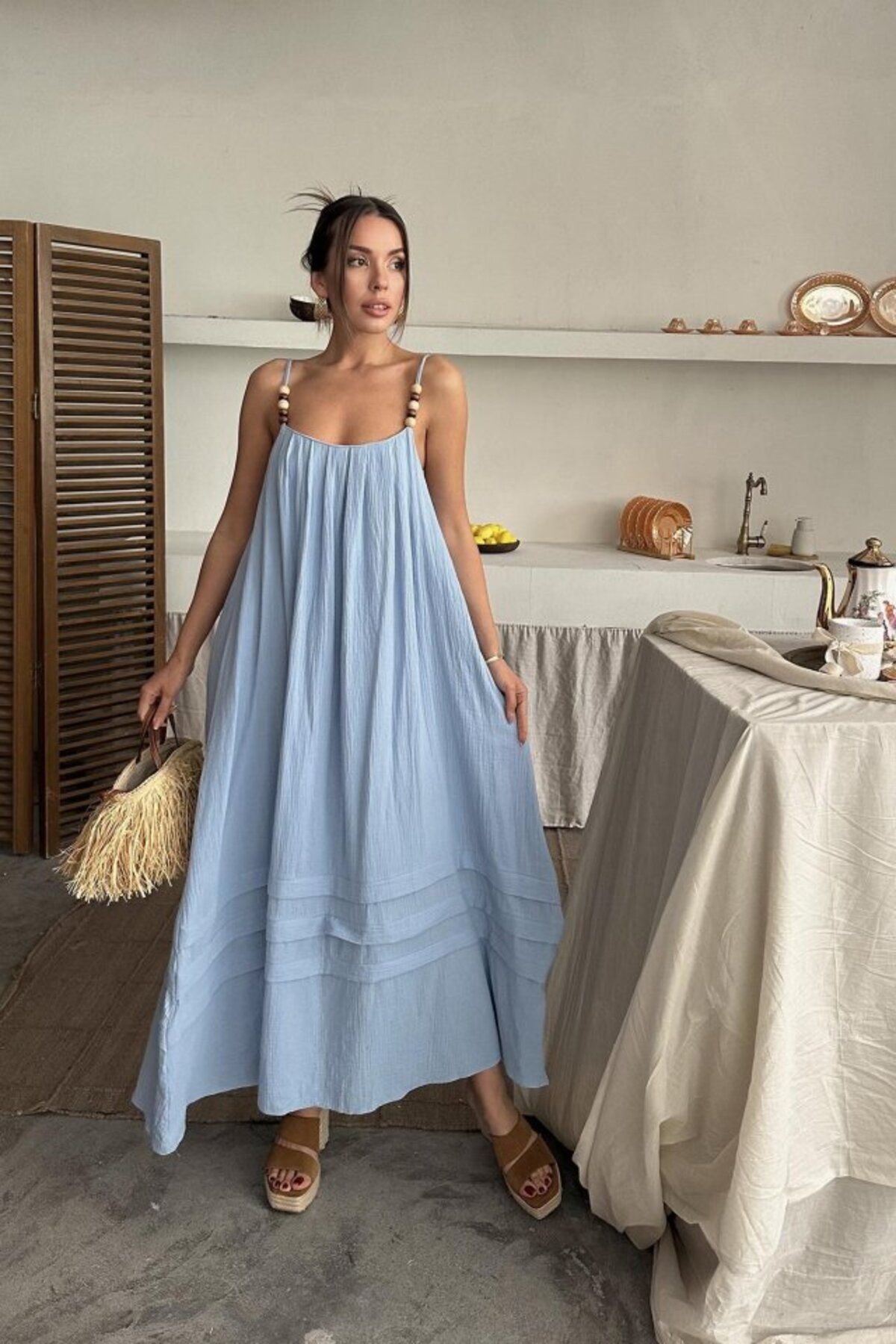 velmorafashion Mavi Askılı Müslin Elbise