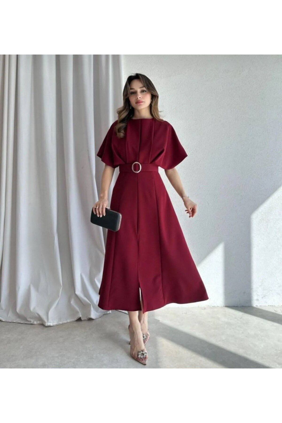 maf collection Kadın Bordo Kısa Kol Ön Pileli Bisiklet Yaka Kemer Ve Yırtmaç Detay Abiye Mezuniyet Elbisesi