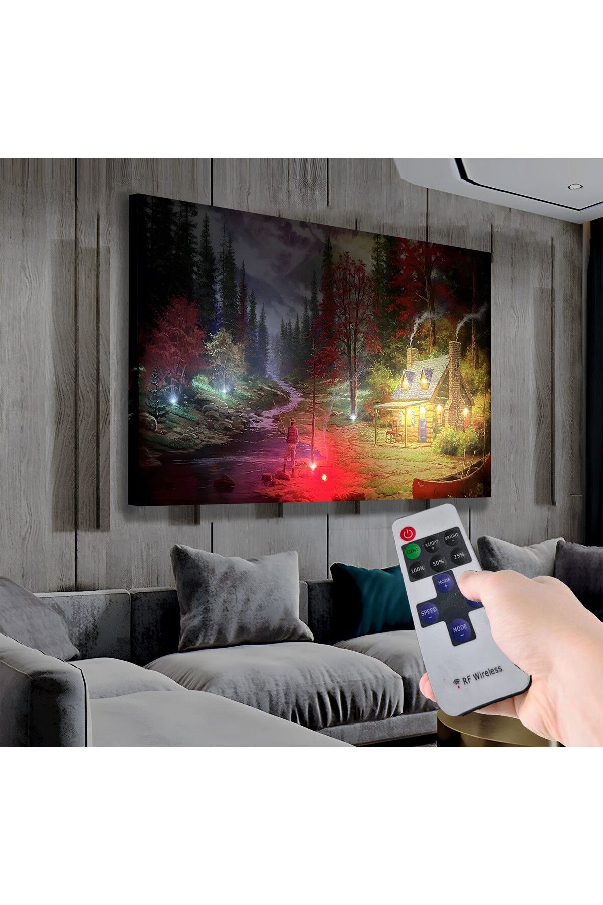 EMYA HOME Led Işıklı Uzaktan Kumandalı Dağ Evi Kanvas Tablo