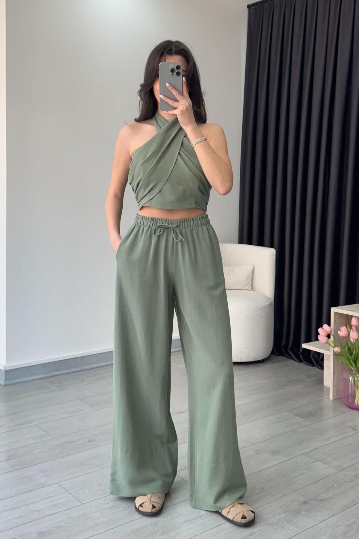 ECEMİ Reina Haki Boyundan Bağlamalı Keten Takım