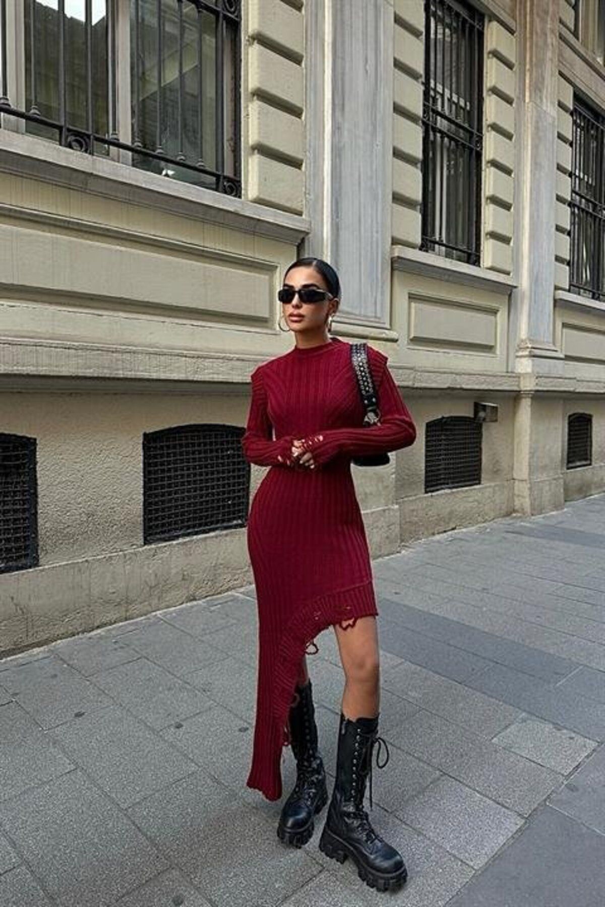 velmorafashion Asimetrik Detaylı Fitilli Triko Elbise 2824