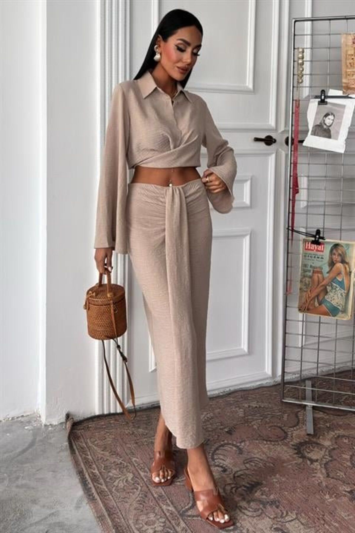 velmorafashion Crop Gömlekli Ve Eteği Büzgülü Tasarım Takım 10195