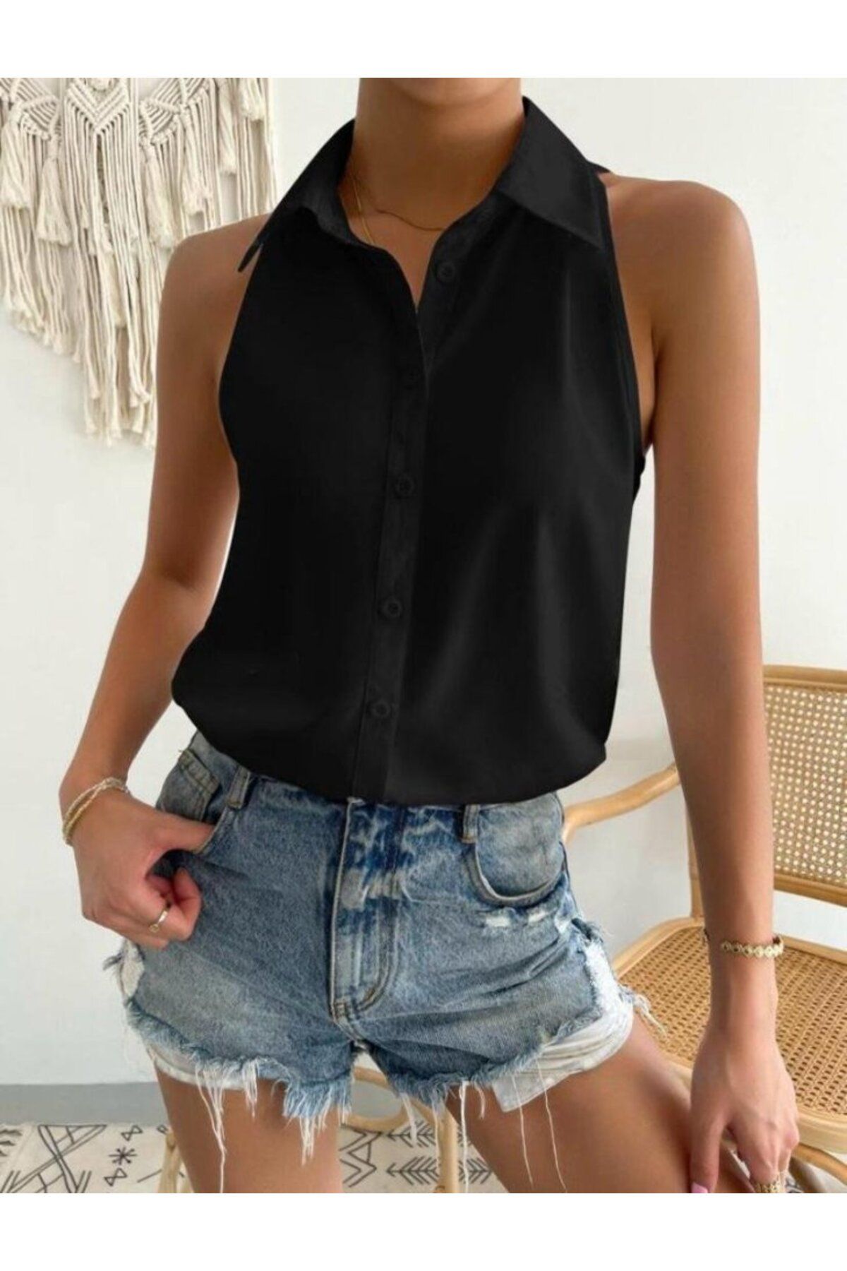 velmorafashion Kadın Sıfır Kol Dokuma Viskon Kumaş Gömlek