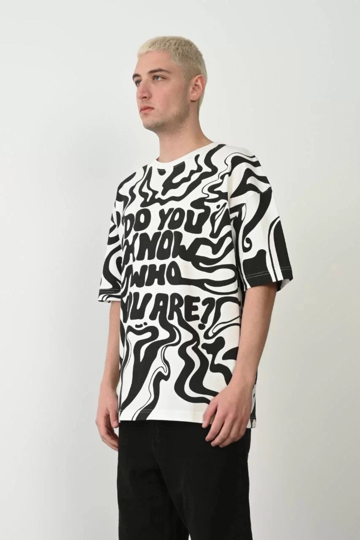 FantaziAtölyesi Unisex Baskılı Bisiklet Yaka Oversize T-Shirt - Beyaz