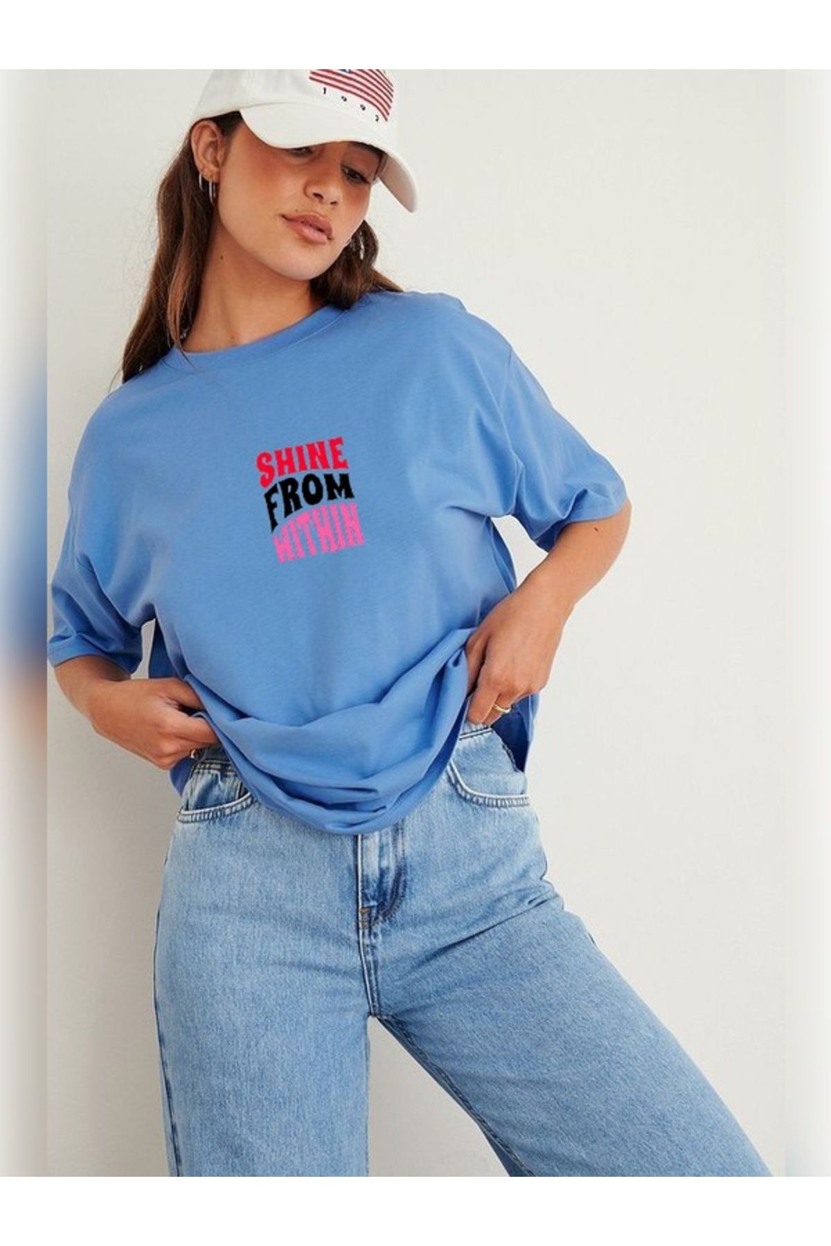 SEL WEAR Kadın yazlık pamuklu kumaş (SHİNE FROM WITHIN) baskılı oversize t-shirt