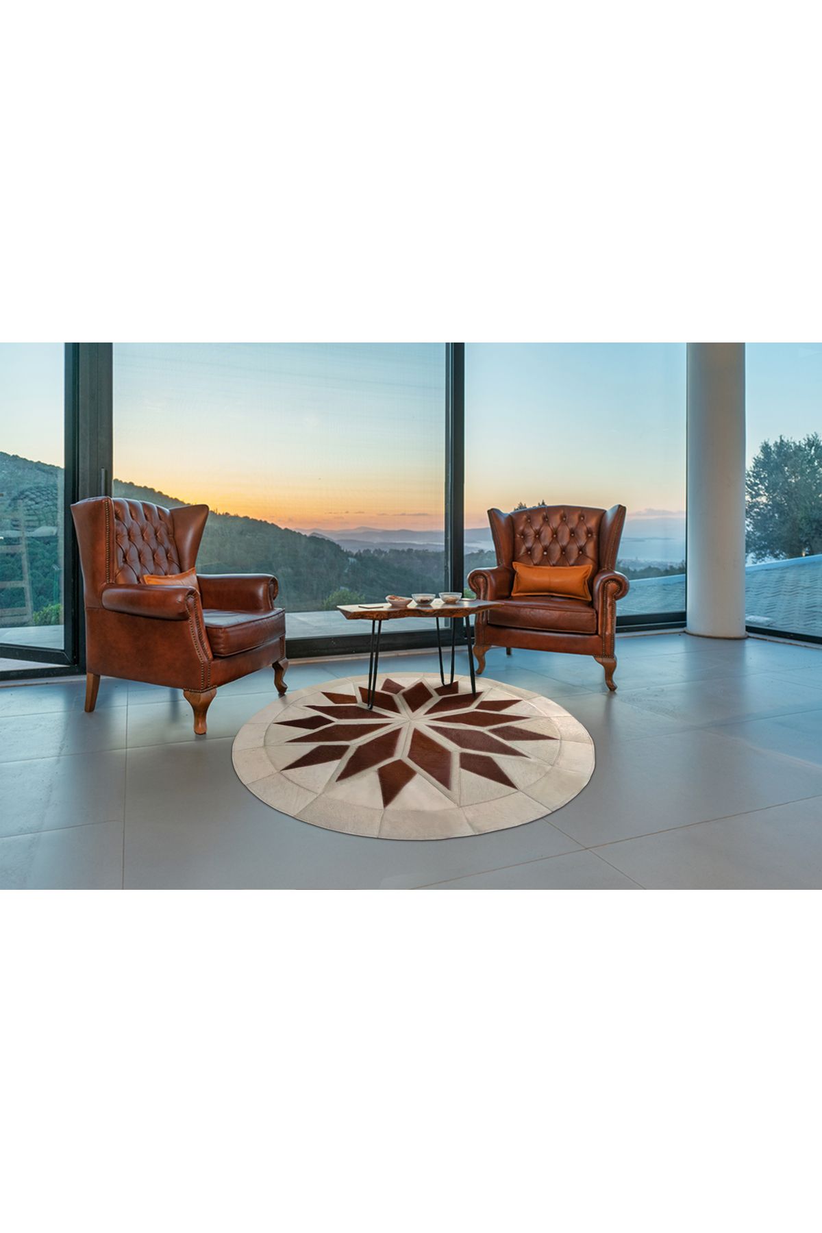 Barrio Rico %100 Doğal Dana Derisi Kaymaz Taban Premium Yuvarlak Patchwork Halı - Kahverengi Beyaz
