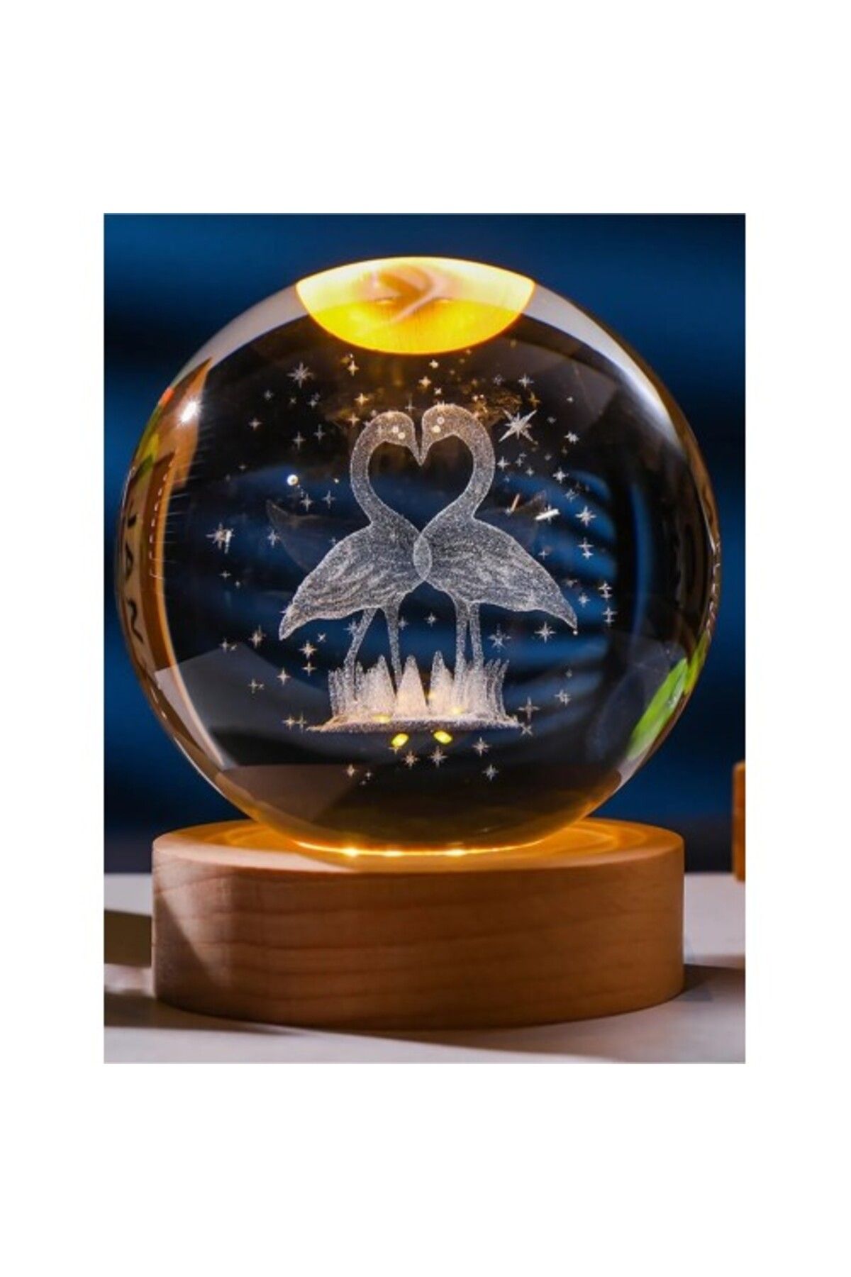 Shop58 Ahşap Tabanlı LED Işıklı Flamingo Figürlü Kristal Küre