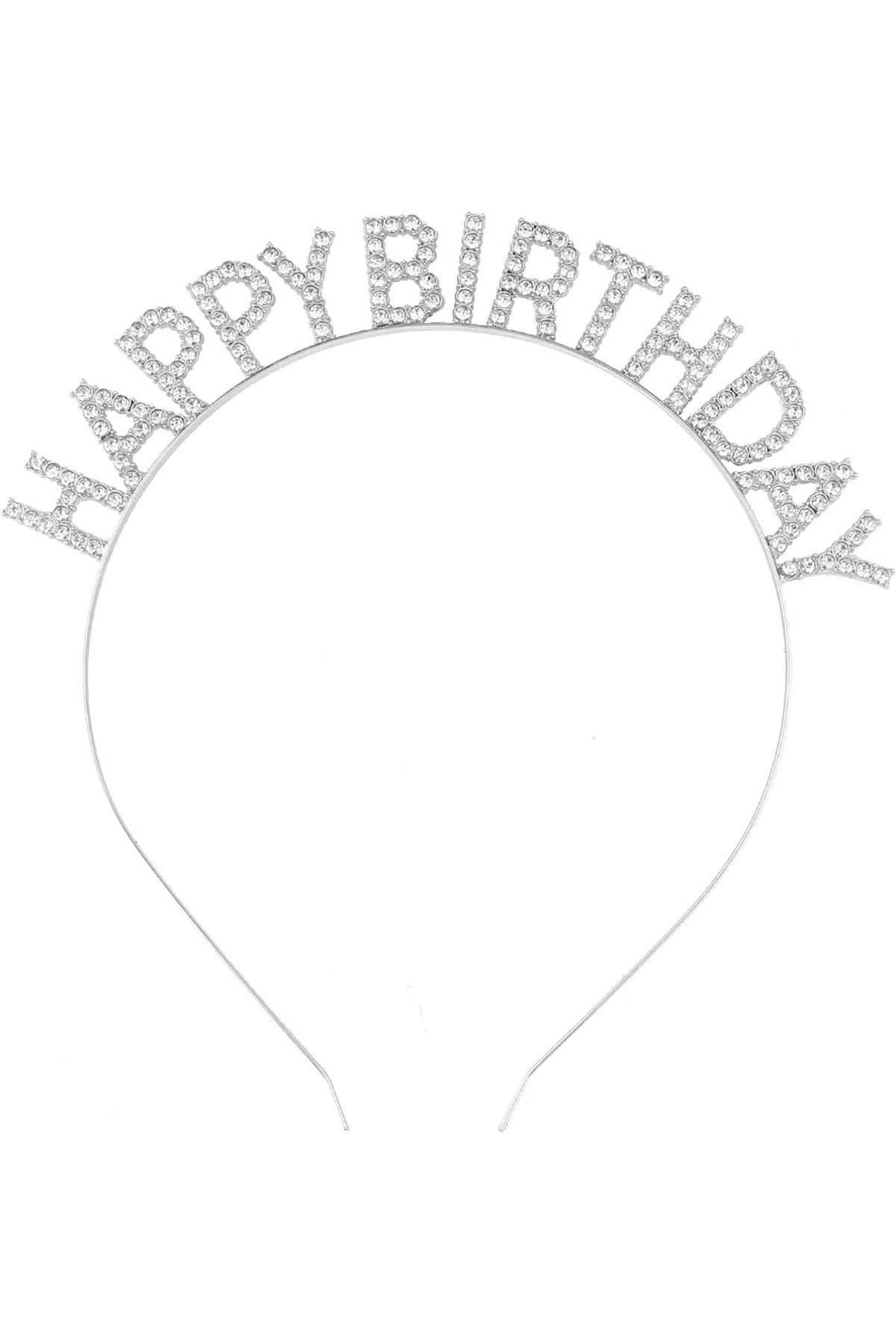 YNT İthalat Gümüş Kristal Taşlı Happy Birthday Doğum Günü Tacı İthal Ürün A Kalite 17x16 Cm