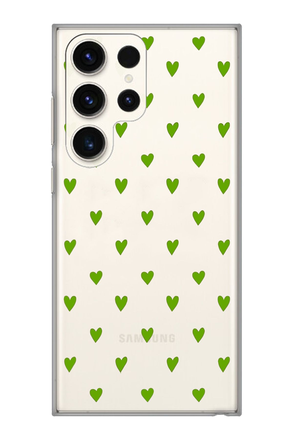 moonset Samsung Galaxy S24 Ultra Uyumlu Yeşil Kalpler Tasarımlı Baskılı Şeffaf Telefon Kılıfı