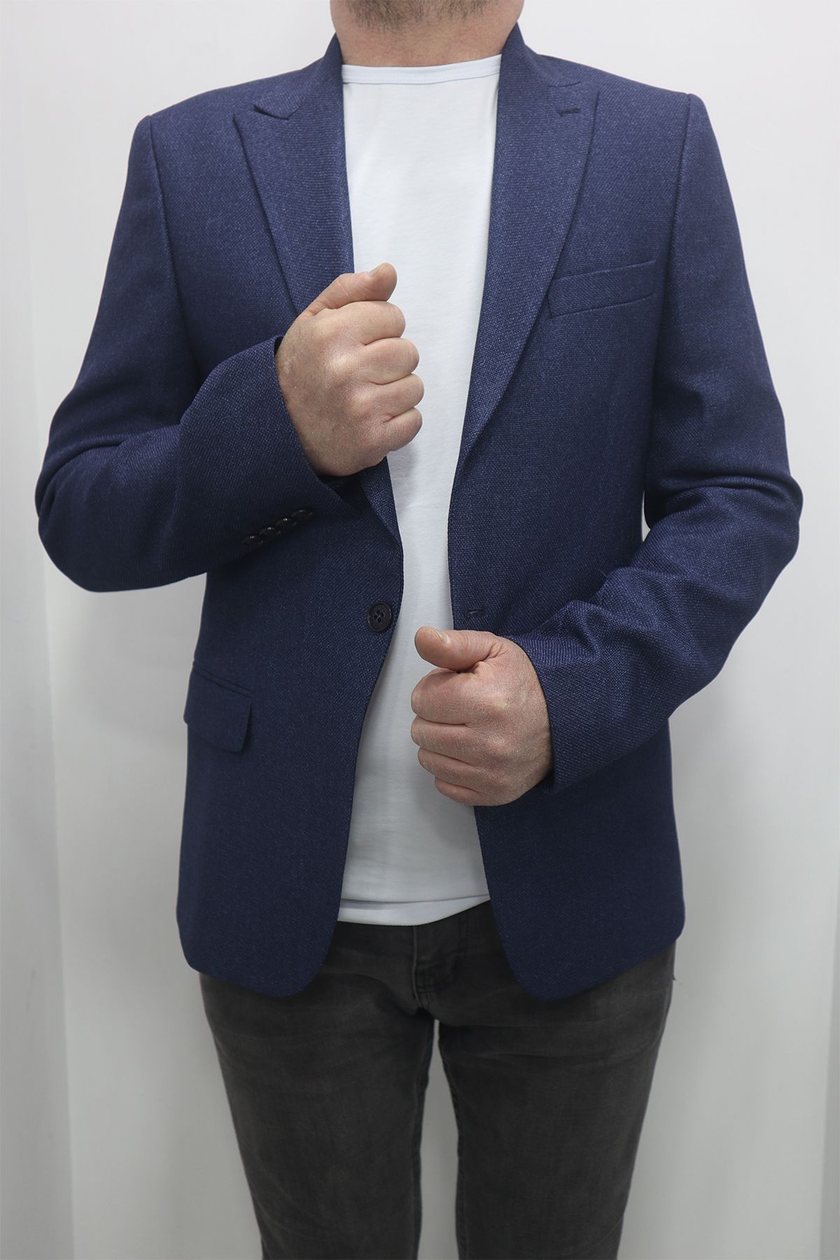 DUAYEN Fistan Store Erkek Parlament Mavisi Armürlü İtalyan Kesim Dar Kalıp Tek Düğme Yazlık Blazer Ceket