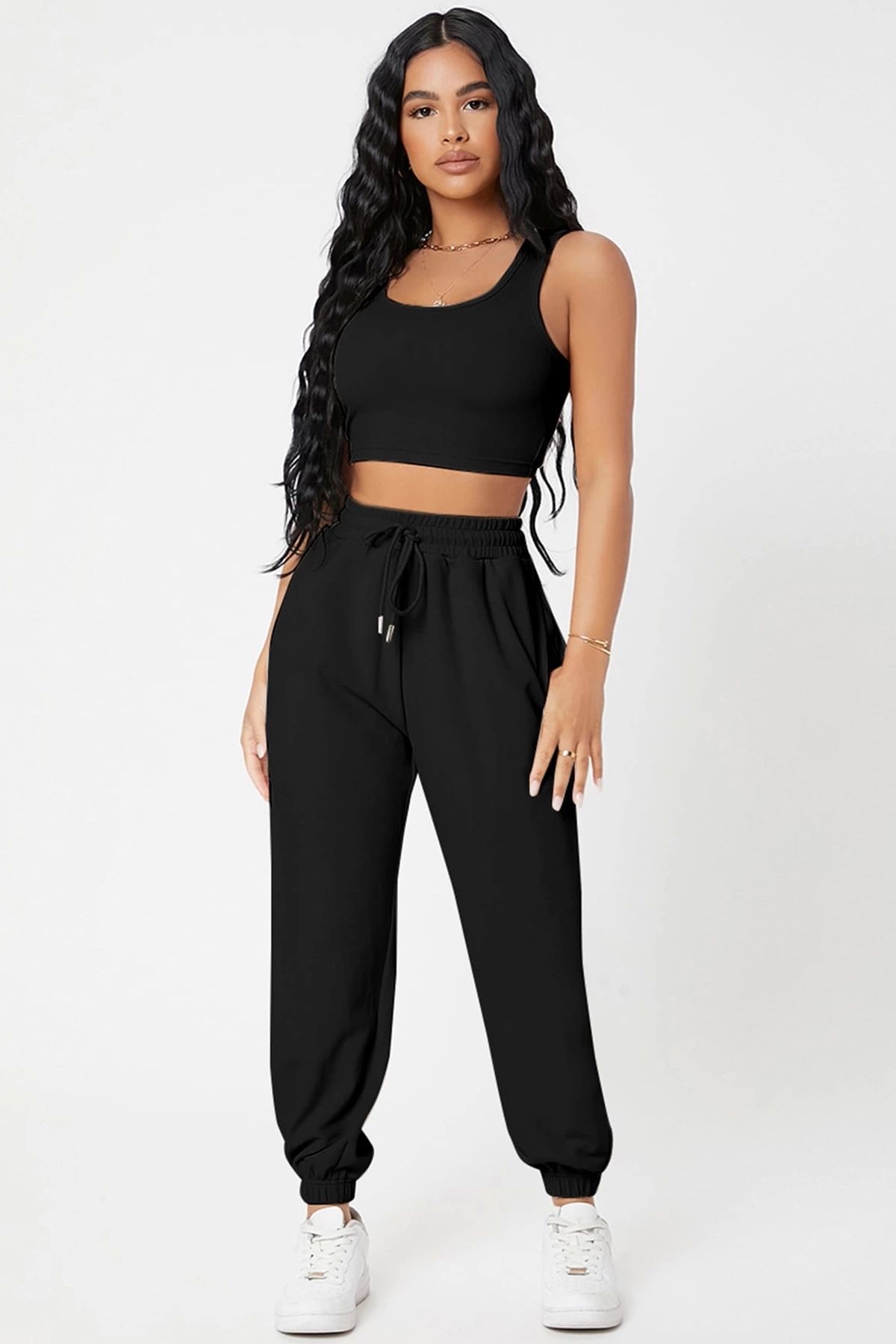 Nemere Kadın Siyah Kaşkorse Cepli Jogger Eşofman Altı ve Crop Top Bluz
