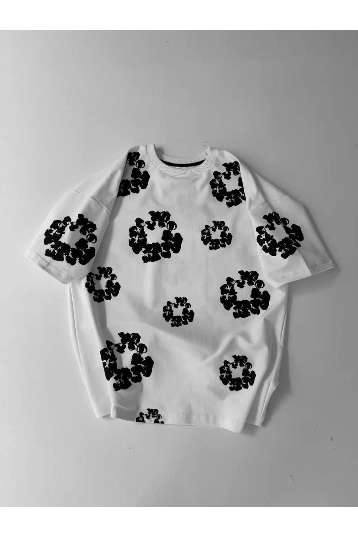 FantaziAtölyesi Ön ve Arka Baskılı Oversize Bisiklet Yaka T-shirt- Beyaz