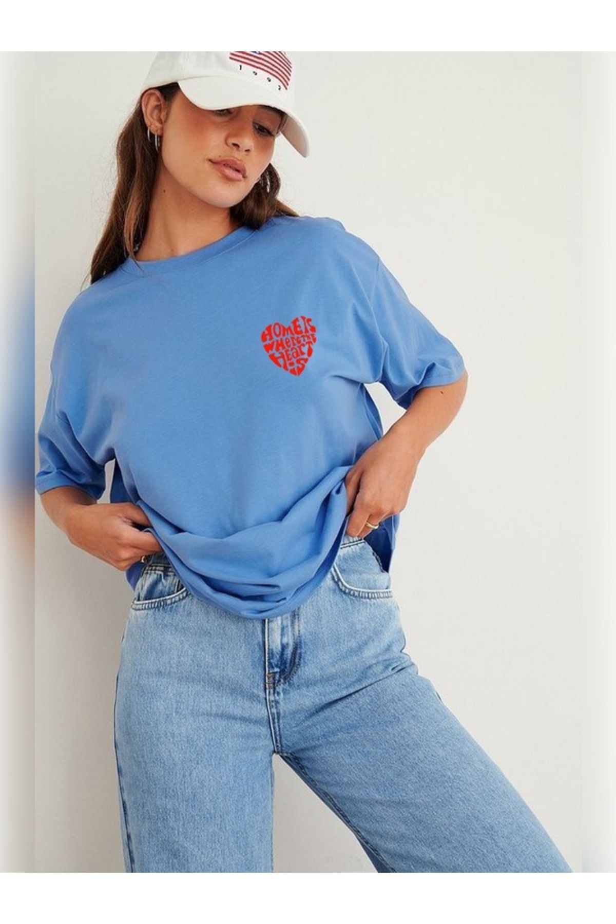 SEL WEAR Kadın yazlık pamuklu kumaş (HEART) baskılı oversize t-shirt