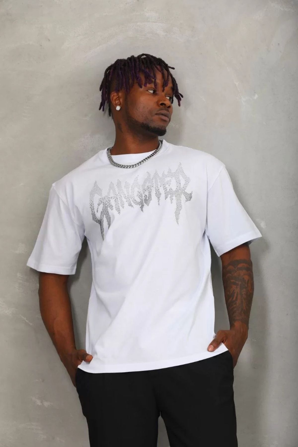 FantaziAtölyesi Unisex Oversize Taşlı Bisiklet Yaka T-Shirt - Beyaz