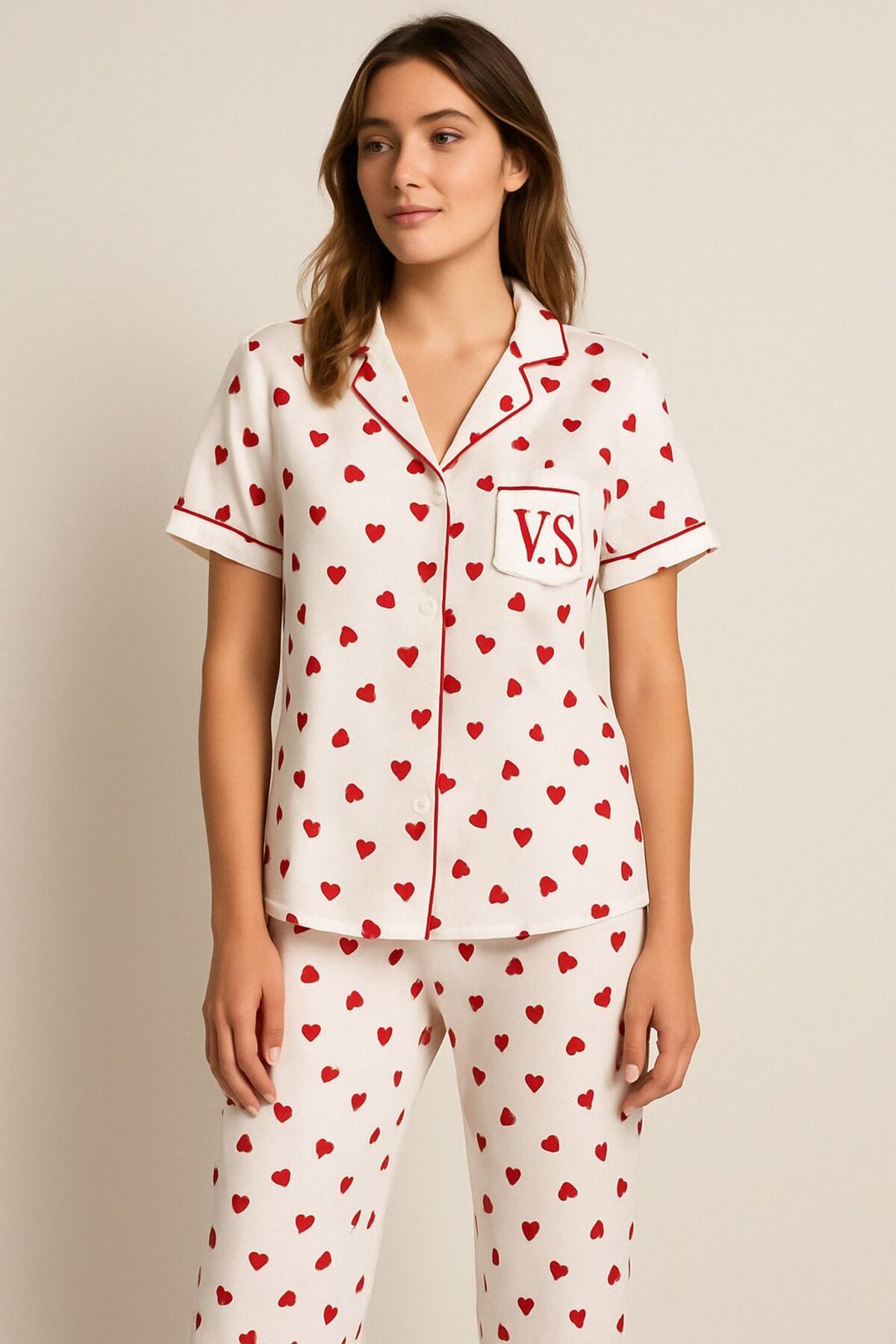 FENZO Kadın Siyah Kalpli Pamuklu Viskon Pijama Takımı Kısa Kollu Üst Uzun Pijama Alt Rahat Homewear