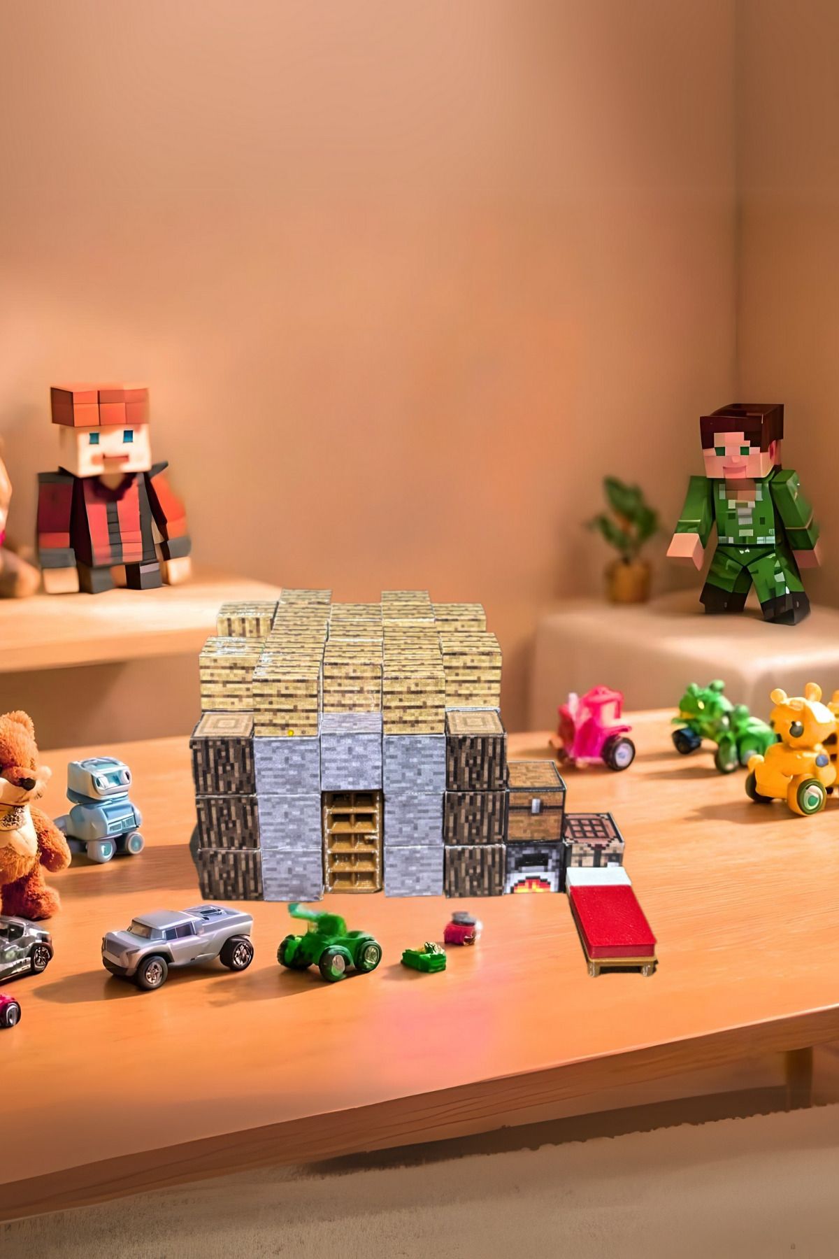 3DreaMaker Minecraft Temalı Manyetik Küpler - Köy Evi - Manyetik Minecraft Blokları (63 Adet Blok) - Eğitici
