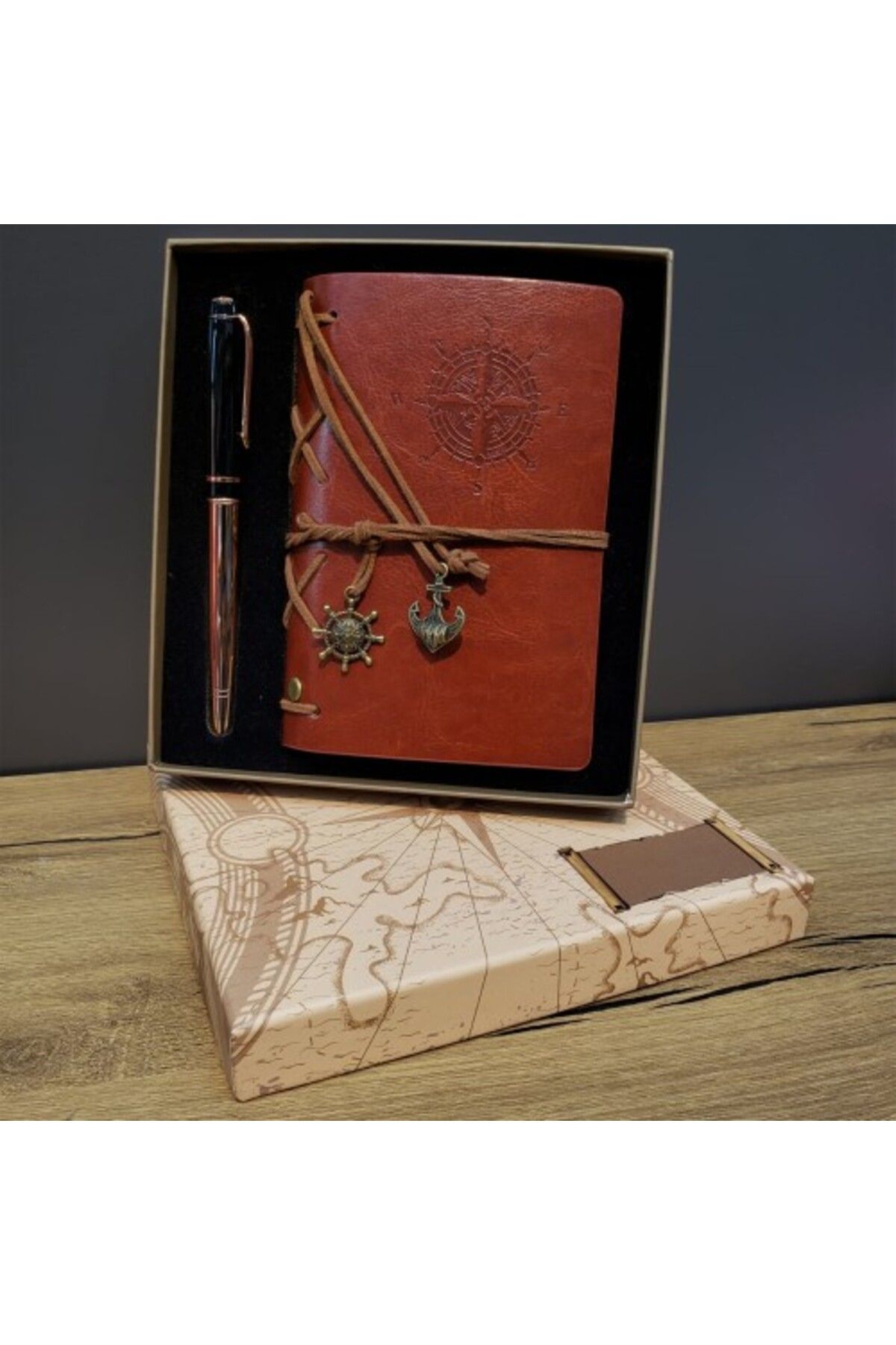 Shop58 Deri Pusula Tasarımlı Defter Ve Metal Kalem Seti