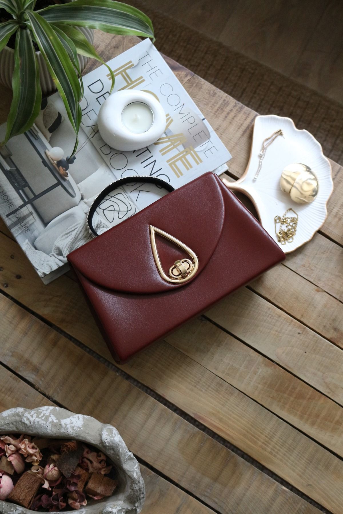 Moom Bag Kadın Bordo Damla Aksesuarlı Taşlı Tutma Kulplu Abiye El Çantası Omuz Çantası