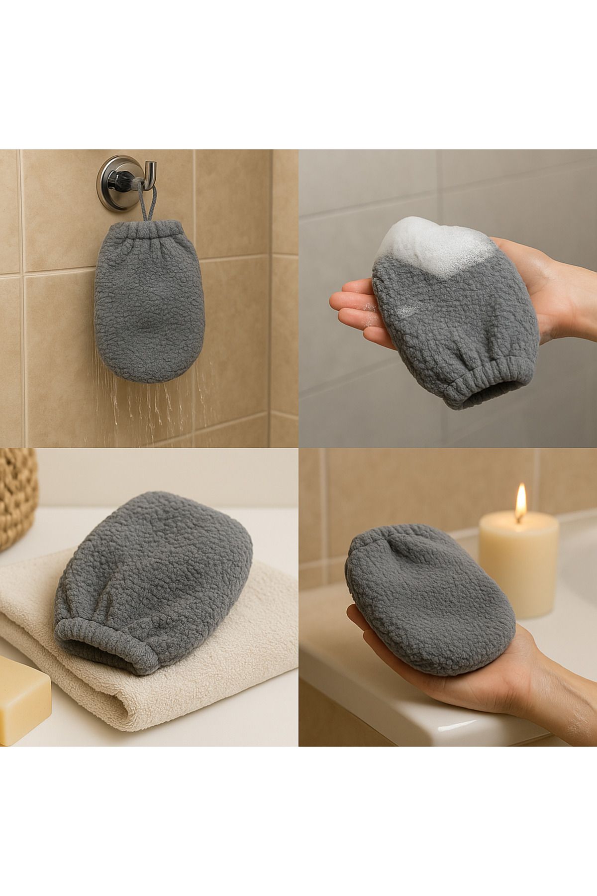 YILDIZ DİJİTAL HOME Star Home's Peluş Duş Kesesi Gri - Yumuşak Peeling & Nazik Temizlik - El Yapımı