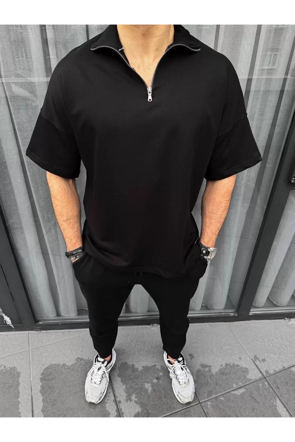 FantaziAtölyesi Unisex Yarım Fermuarlı Basic T-Shirt - Siyah