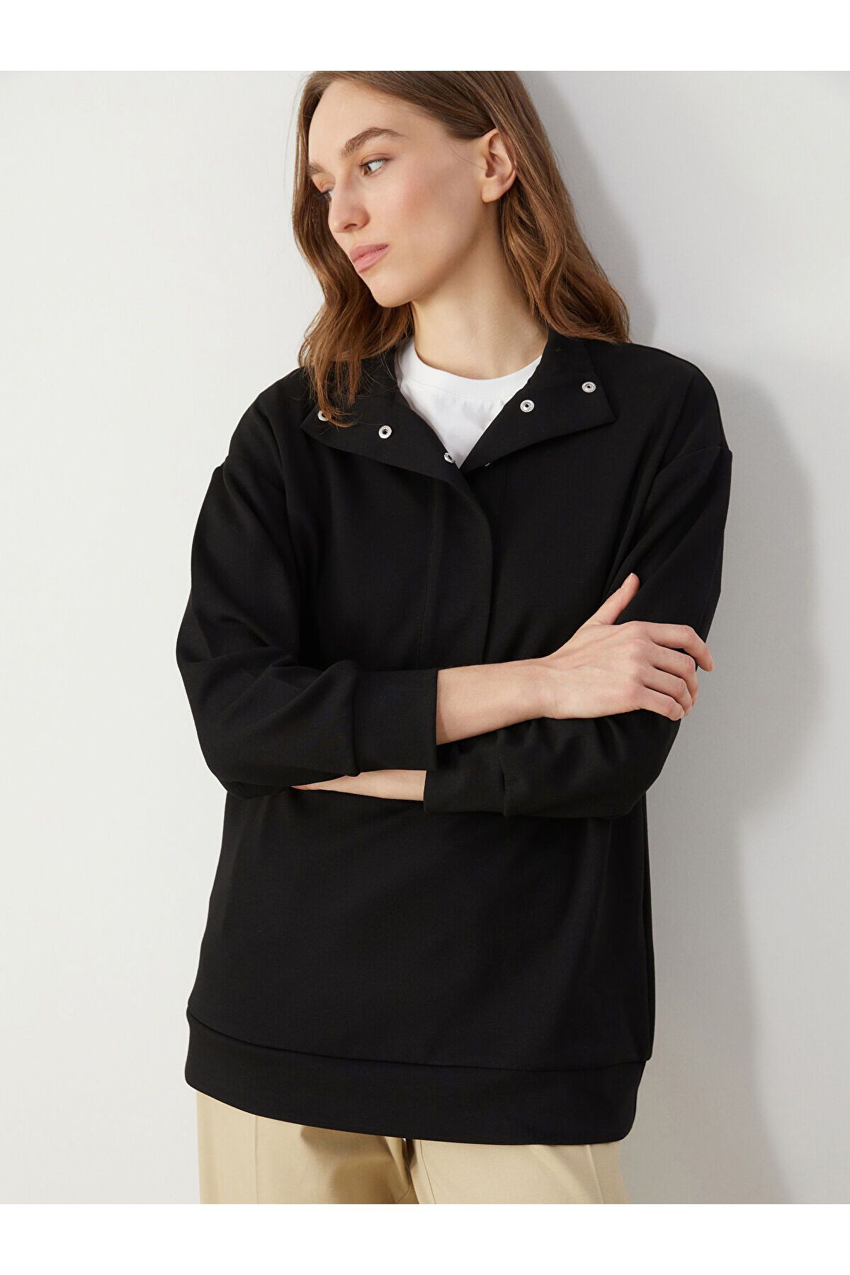 LC Waikiki Dik Yaka Düz Oversize Kadın Sweatshirt Tunik