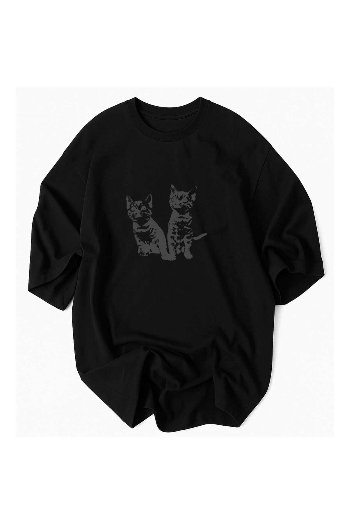JDM Kedi Tema Baskılı %100 Pamuklu Oversize Tshirt tişört