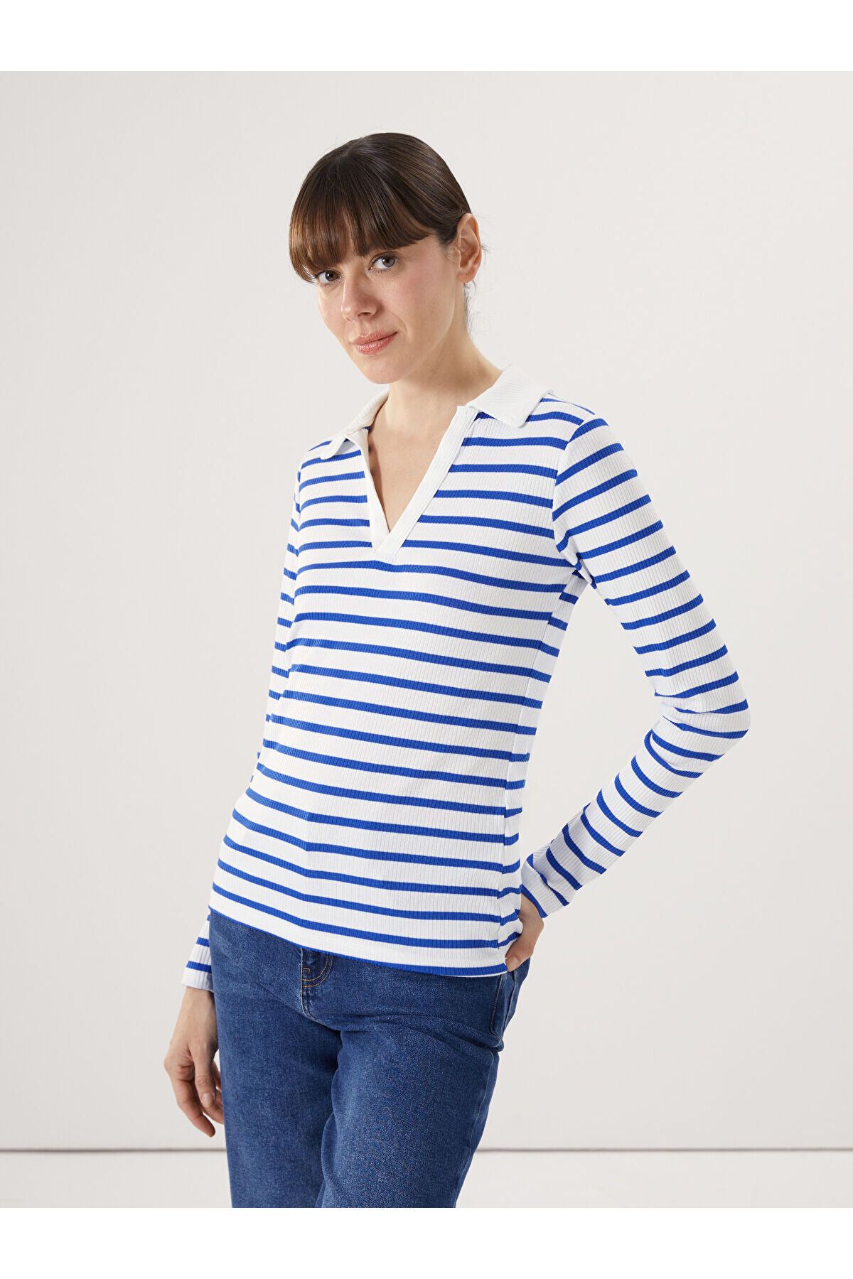 LC Waikiki Polo Yaka Çizgili Kadın Body