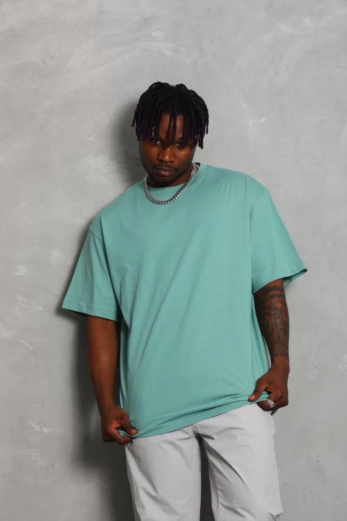 FantaziAtölyesi Unisex Oversize Düz Bisiklet Yaka T-Shirt - Mint Yeşili