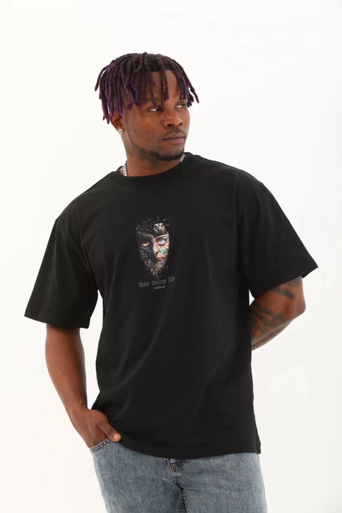 FantaziAtölyesi Unisex Oversize Baskılı Bisiklet Yaka T-Shirt - Siyah
