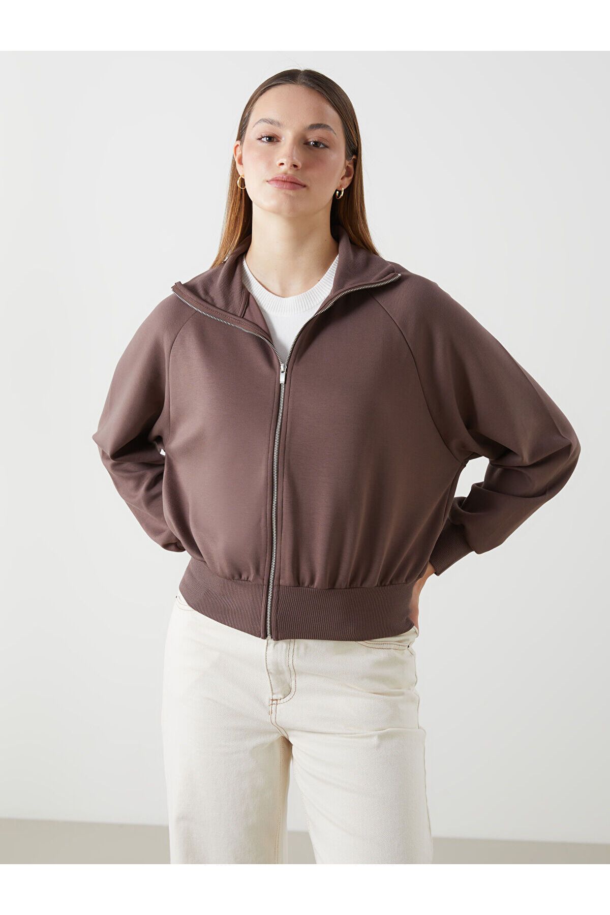 LC Waikiki Dik Yaka Oversize Kadın Fermuarlı Sweatshirt