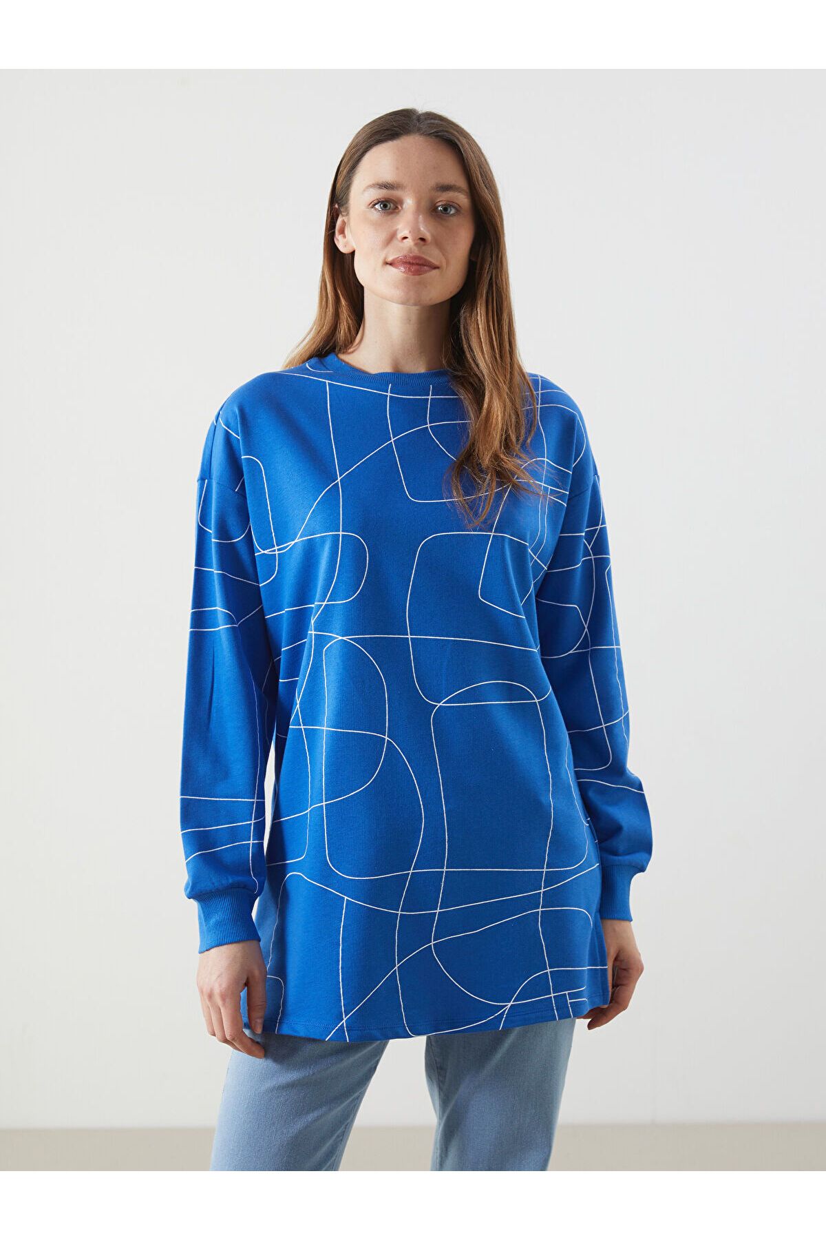 LC Waikiki Bisiklet Yaka Desenli Oversize Kadın Sweatshirt Tunik