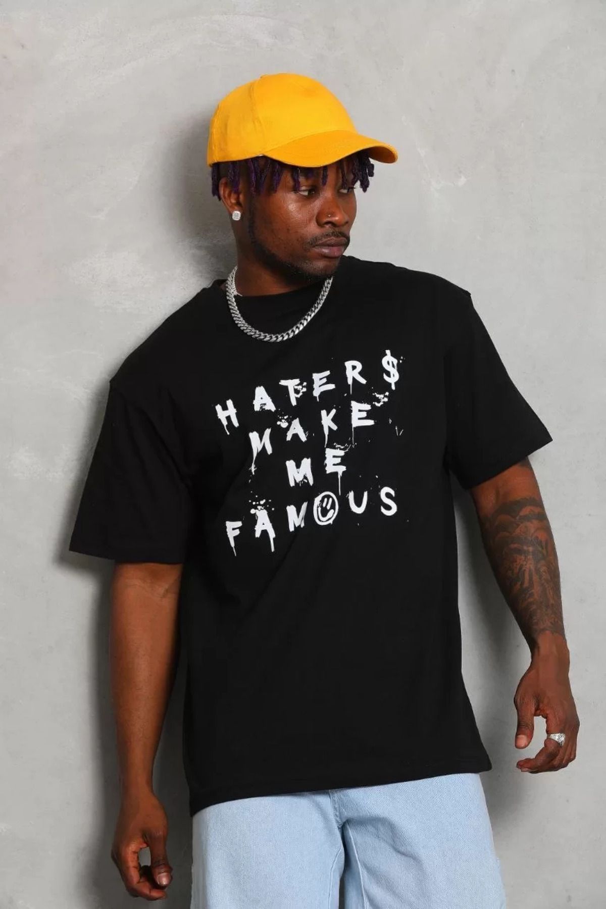 FantaziAtölyesi Unisex Oversize Baskılı Bisiklet Yaka T-Shirt - Siyah