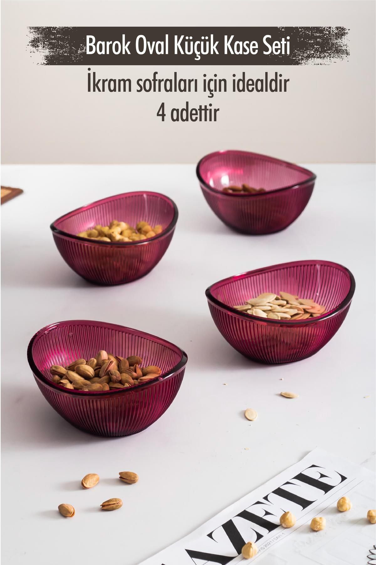 Shop58 Akrilik Barok Mürdüm Oval 4'lü Küçük Kase Seti & Çerezlik & Sunumluk & İkramlık(Cam Değildir)
